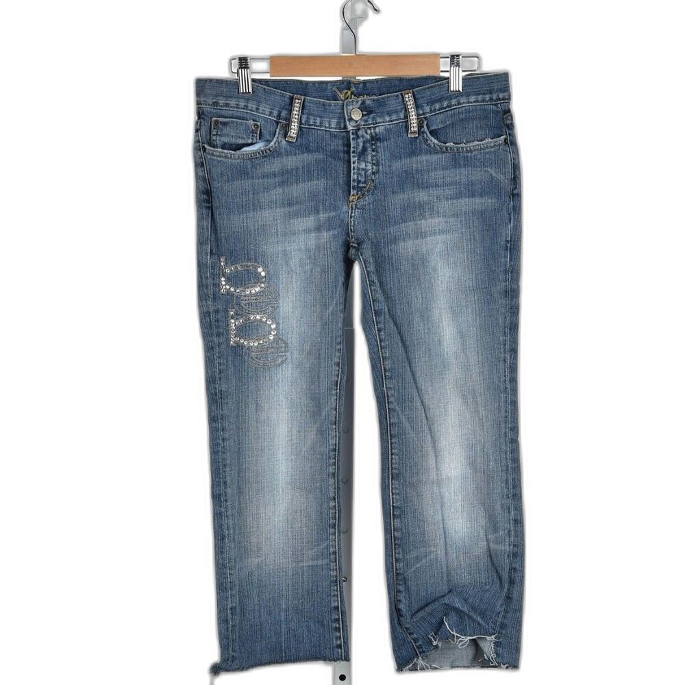 bebe High Rise Straight Leg Ankle Raw Hem Rhinestones Jeans Denim Size 30
